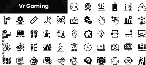 A collection of icons depicting various aspects of virtual reality gaming, featuring symbols for gaming controls, user interface, and immersive experiences.
