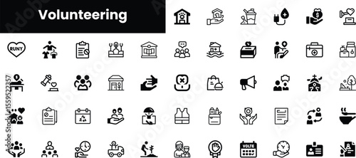 A diverse array of volunteering icons featuring various community support activities and services, showcasing inclusivity and collaboration in black and white.
