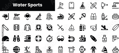 A collection of black and white icons representing various water sports activities, including surfing, diving, and swimming, showcasing dynamic and adventurous themes.