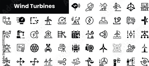 A collection of minimalistic black icons representing wind turbines and related concepts, showcasing innovation and sustainability in renewable energy.