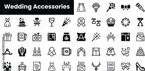 A diverse collection of wedding accessories icons, featuring dresses, bouquets, decorations, and more, suitable for wedding planning and celebration themes.