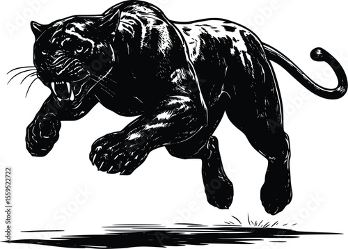 Aggressive Black Panther Vector Illustration: Leaping Predator Art