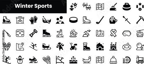 A collection of black and white icons representing various winter sports, including skiing, skating, snowboarding, and more, showcasing fun and adventure in winter activities.