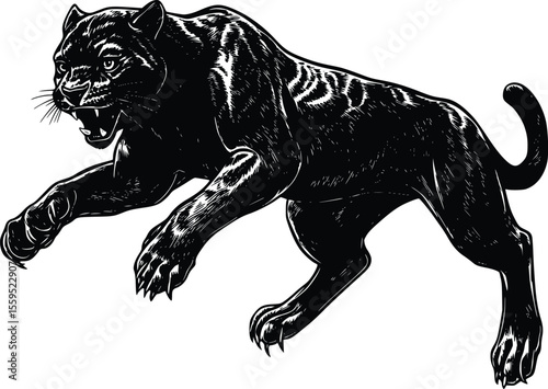 Aggressive Black Panther Vector Illustration: Powerful, Leaping, Intense