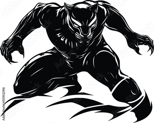 Vector illustration: Powerful black panther, fierce stance, dramatic style, intense mood.