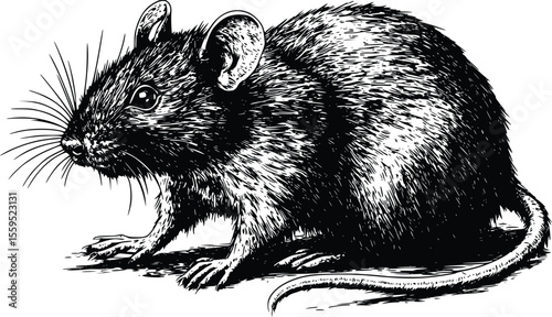 Detailed Vector Illustration: House Mouse, Ink Drawing Style, Dark Fur