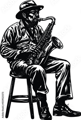 Vector illustration:  seated saxophonist, monochrome, vintage style, soulful mood.