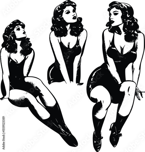 Vector illustration: Three vintage pin-up girls, noir style, sultry poses.