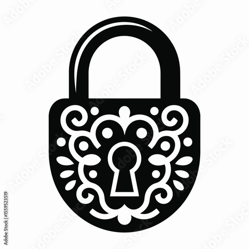 Ornate vintage padlock with decorative scrollwork and keyhole in black silhouette