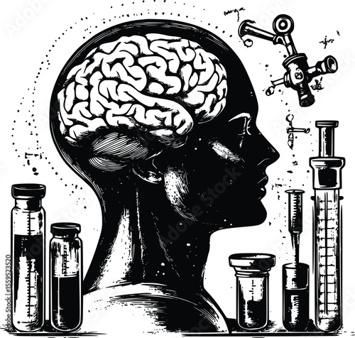 Vector illustration: Neurological research, vintage style, dark mood, human brain, medical tools.