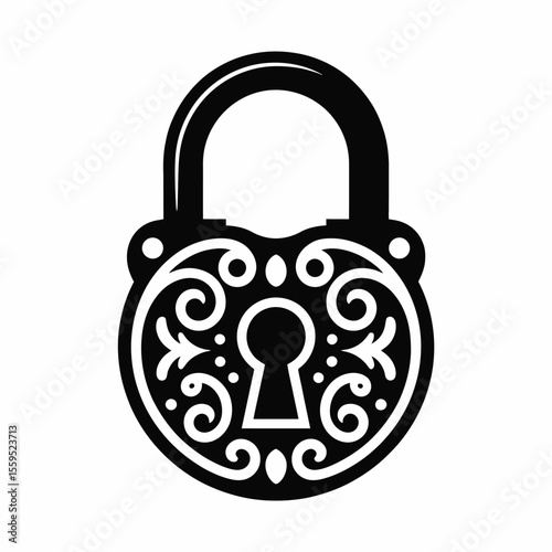 Ornate vintage padlock with decorative scrollwork and keyhole in black and white