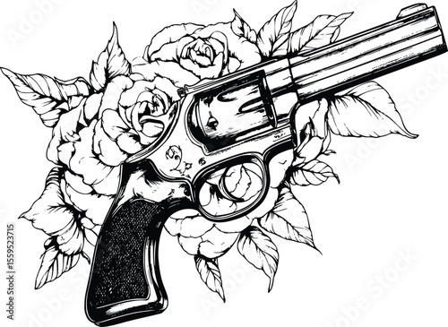 Vector illustration: Revolver firearm entwined with roses, dark, dramatic style.