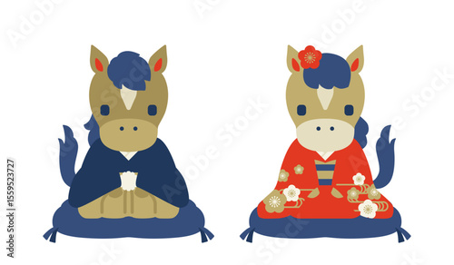 正月　着物を着た馬のイラスト