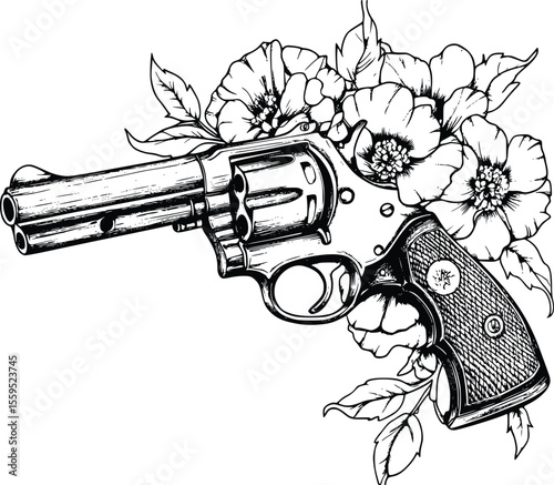 Handgun floral vector art: dark, dramatic, vintage revolver illustration