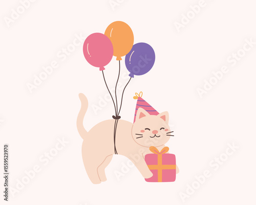 A cute creamcolored cat holds a pink gift and is tied to three balloons while wearing a party hat