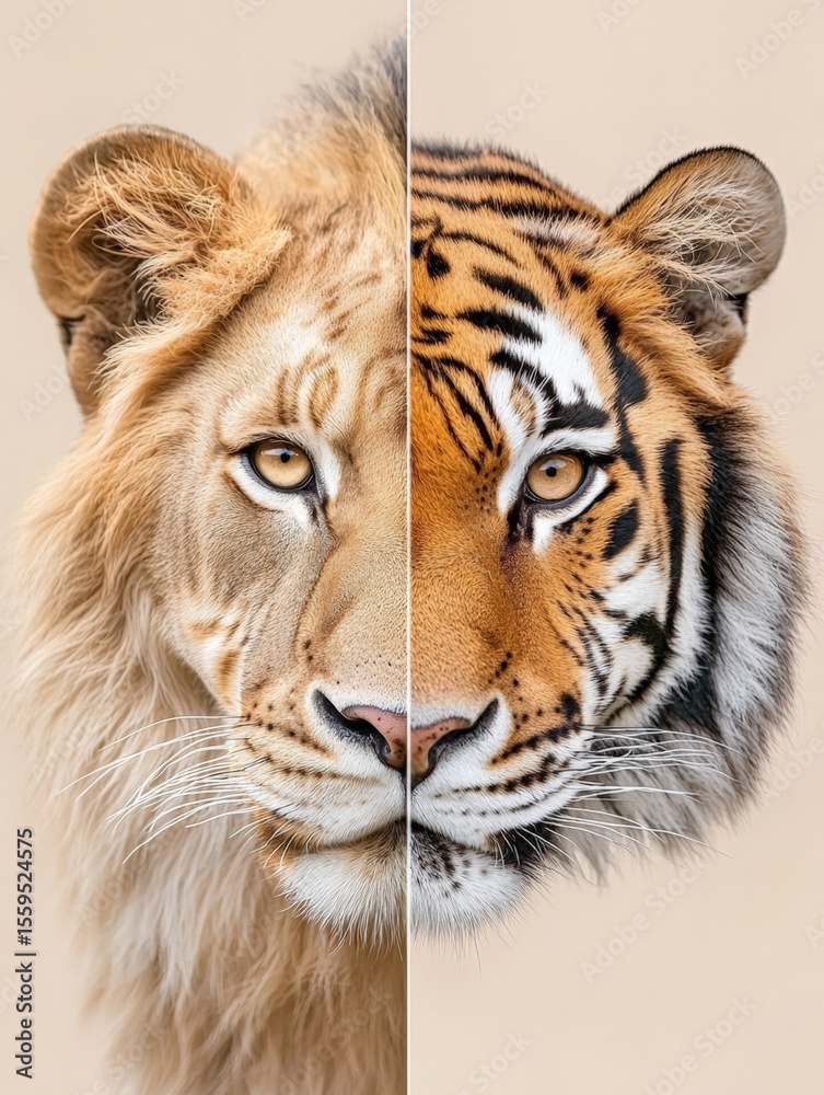 Fototapeta premium Competitive Analysis of Wildlife Photography Featuring Lion and Tiger Close-Up