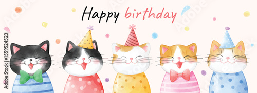 Five cartoon cats in party outfits below Happy birthday text amid confetti