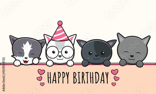 Four cartoon cats with pink hearts and HAPPY BIRTHDAY text on a peach background