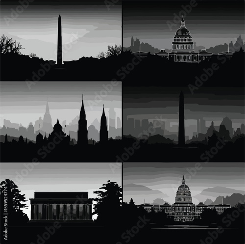 washington dc skyline silhouette set, Black & White silhouette set