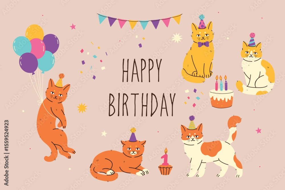 Happy Birthday graphic with cats balloons cake confetti on light background Happy Birthday graphic with cats balloons cake confetti on light background