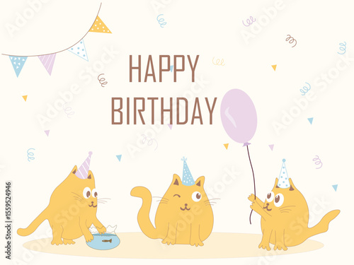 Happy Birthday graphic shows 3 cartoon cats with party hats a balloon banner  a fishbowl