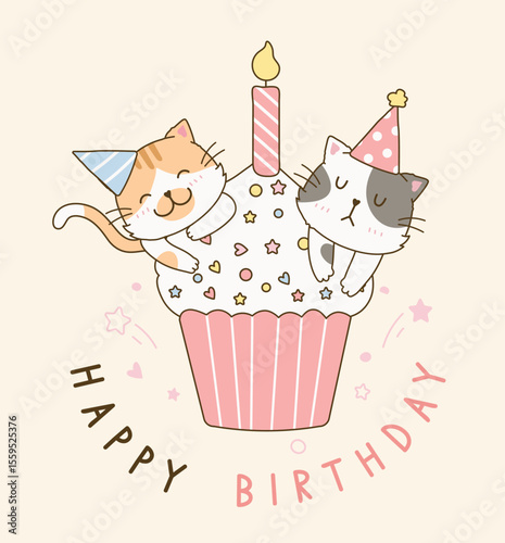 Two cats with party hats perch atop a large cupcake with a candle above the words Happy Birthday