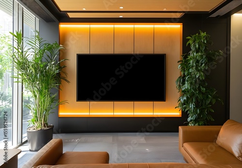 Modern Office Lounge with Large TV Screen and Indoor Plants