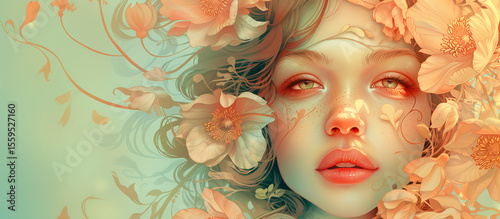 Digital Art Nouveau Portrait of Woman with Lush Flowers