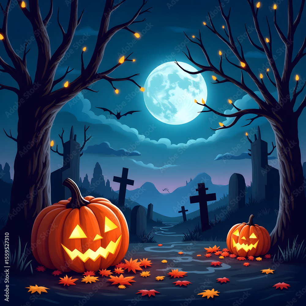 Fototapeta premium Spooky Halloween Night with Jack O Lanterns in Cemetery