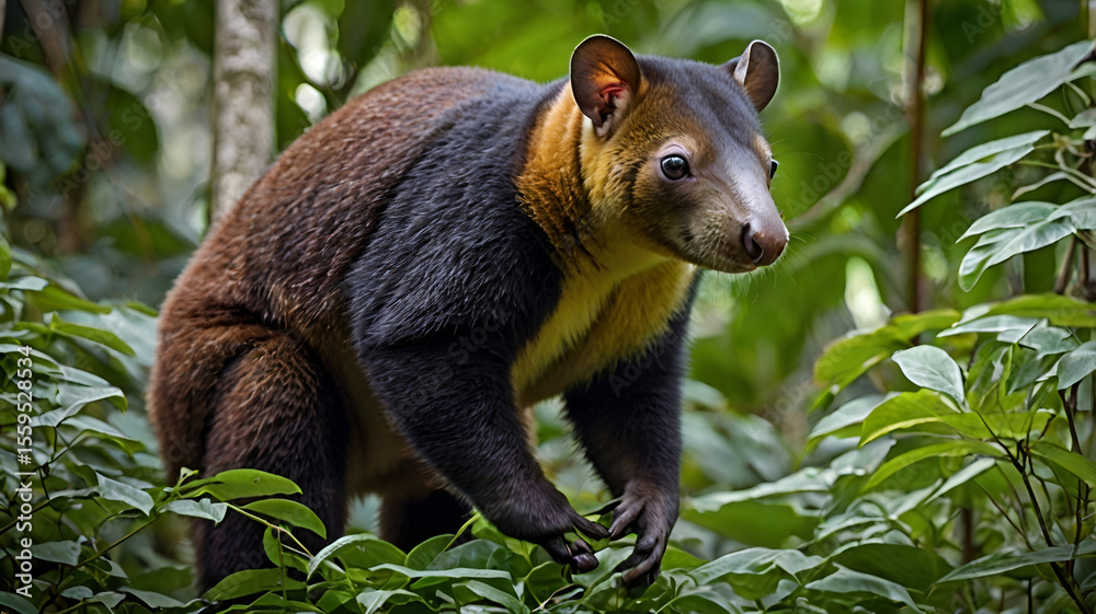 Obraz premium A young tree kangaroo clings to its mother’s back as she navigates through dense leaves ai