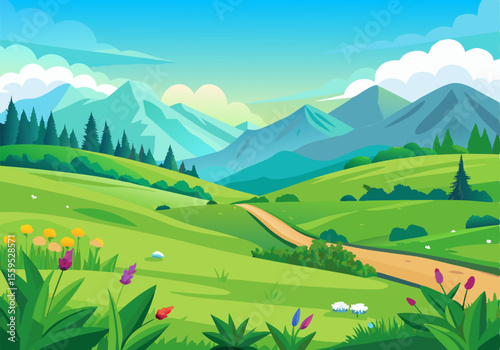 Beautiful green field landscape background vector illustration design
