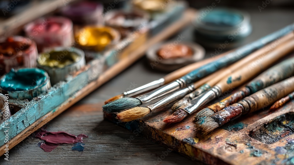 Fototapeta premium Close-Up View of Paintbrushes and Watercolor Palette on Artistic Workspace