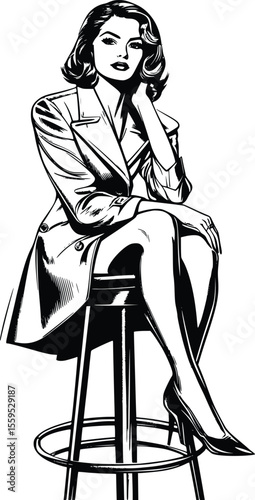Retro Vector Illustration: Elegant Woman in Coat, Sitting Stylishly