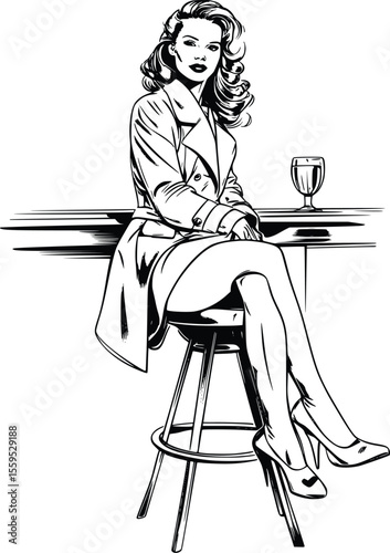Retro Woman Vector: Stylish Coat, Bar Stool, Elegant Pose