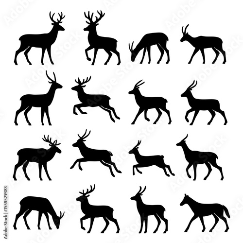 deer silhouettes in various poses, including standing, walking, grazing, and running.