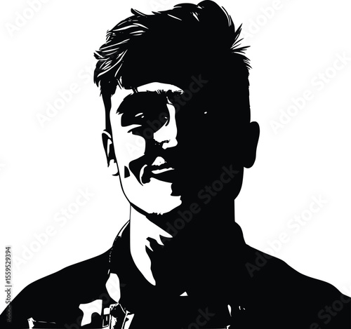 Vector Portrait: Stylish Young Man, Monochrome, Intense Gaze