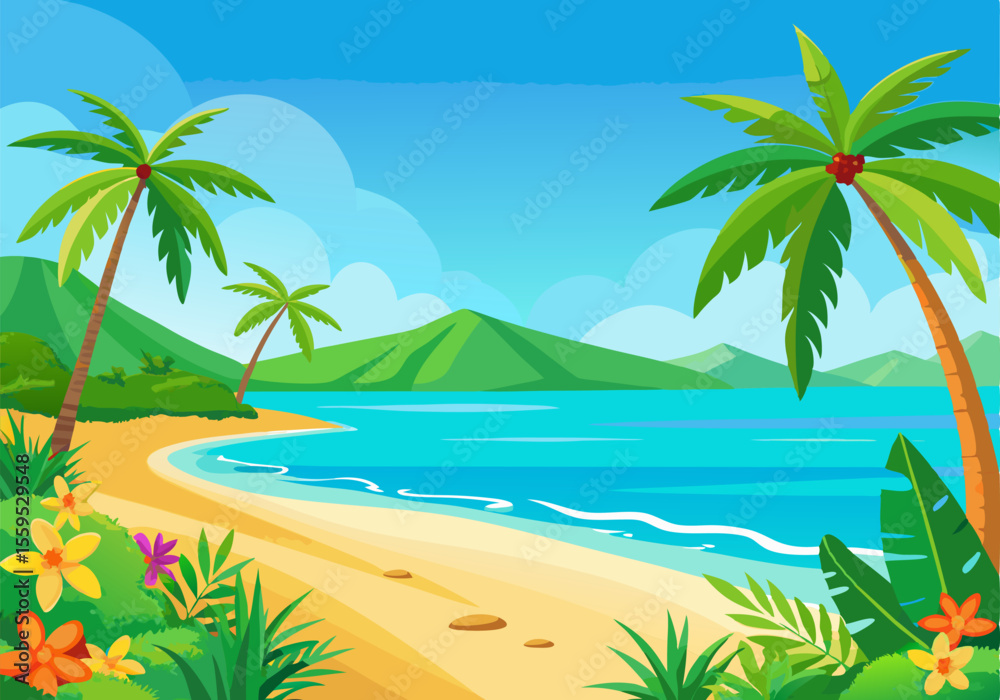Fototapeta premium Beautiful tropical beach landscape background vector illustration design