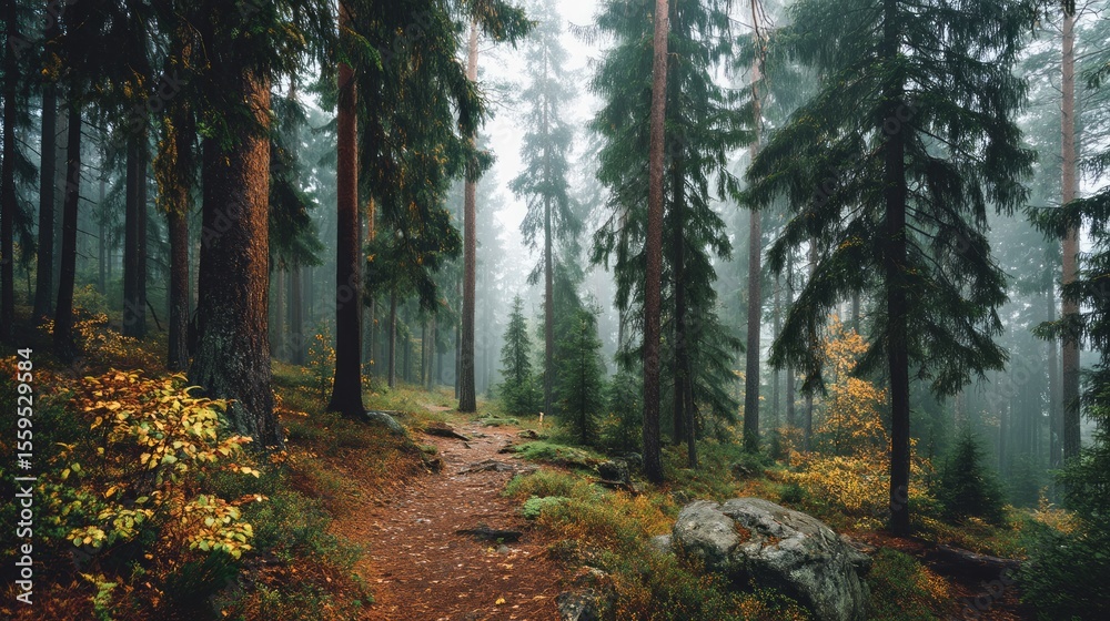 Fototapeta premium Tranquil Forest Pathway Surrounded by Lush Greenery and Foggy Atmosphere