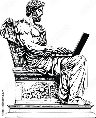 Vector illustration: Classical statue using laptop, serious, monochrome, engraved style.