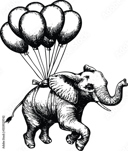 Vector illustration: whimsical elephant soaring, balloons, vintage style, playful mood