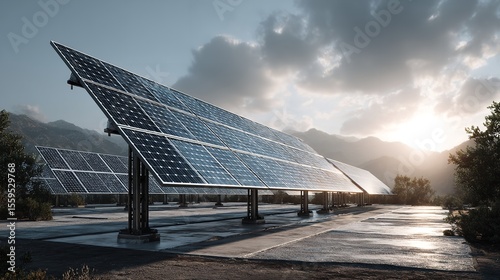 Solar farm or solar power plant consisting of solar panels – renewable energy generation


