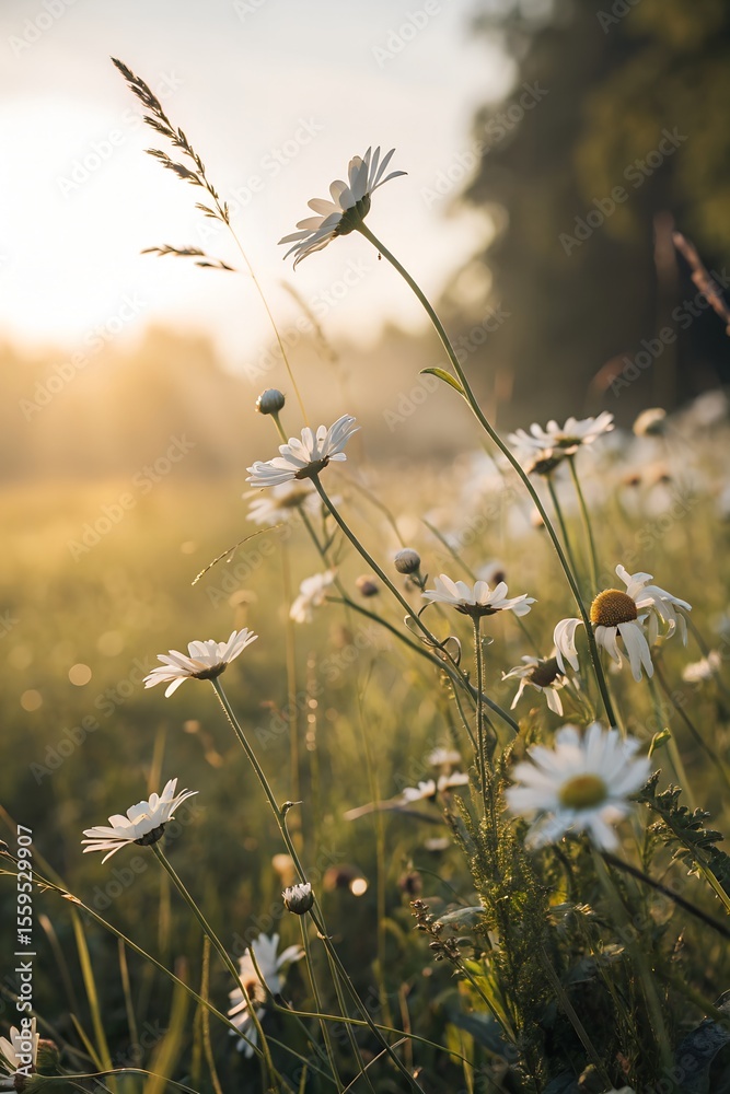 Fototapeta premium Daisies in the soft golden light of a misty morning sunrise