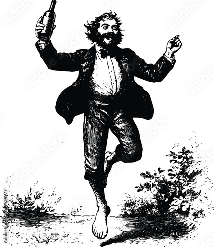 Joyful barefoot man vector, vintage style, celebratory wine jump