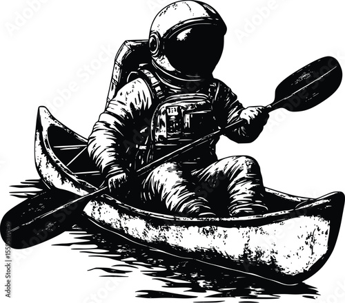 Vector illustration: Astronaut paddling canoe, monochrome, adventurous style