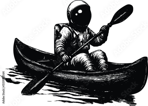 Astronaut Canoeing: Intrepid Vector Illustration, Serene Mood