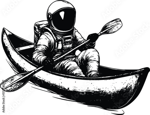 Vector illustration: Astronaut paddling canoe, vintage style, monochrome artwork