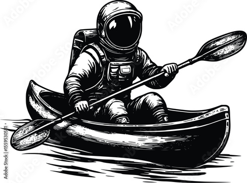 Astronaut in Canoe: Vector, Vintage Woodcut Style Illustration