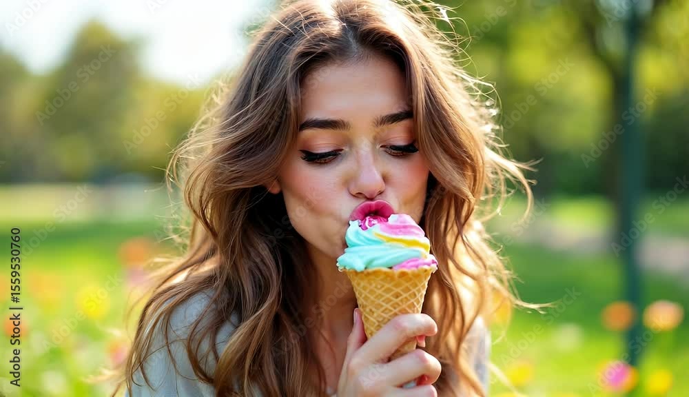 A Delightful Day Woman Enjoying Colorful Ice Cream in a Sunny Park A Delightful Day Woman Enjoying Colorful Ice Cream in a Sunny Park