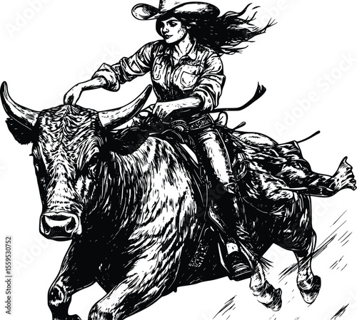 Vector illustration: Cowgirl riding bull, dynamic sketch, powerful pose