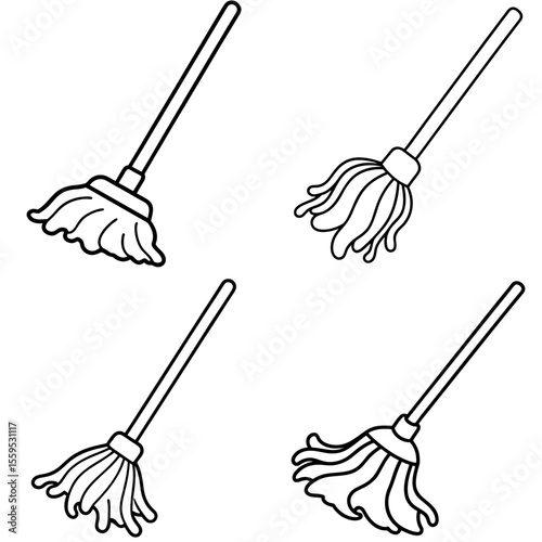 Wet Cartoon Mop Icon – Bright Neon Colors Line Art, Outline Vector Illustration